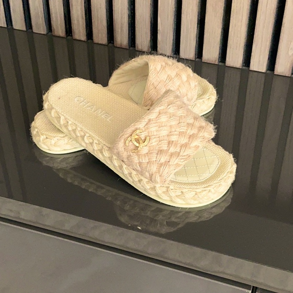 Women's Cream Woven Slide Sandals